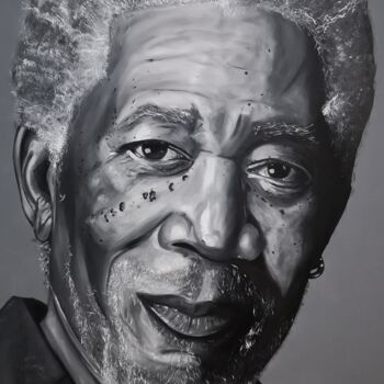 Painting titled "Morgan Freeman" by Enrique Escolar Hernández, Original Artwork, Oil Mounted on Wood Stretcher frame