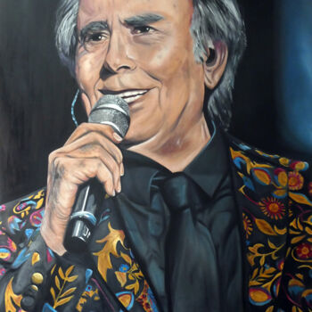 Painting titled "Joan Manuel Serrat" by Enrique Escolar Hernández, Original Artwork, Oil Mounted on Wood Stretcher frame