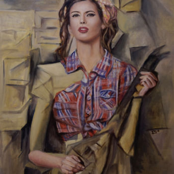 Painting titled "The Pinup Girl with…" by Quits, Original Artwork, Oil