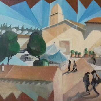 Painting titled "Il Borgo" by Enzo Cadeddu (Cadenzo), Original Artwork, Oil Mounted on Wood Panel