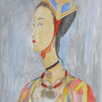 Painting titled "Donna in costume De…" by Enzo Cadeddu (Cadenzo), Original Artwork, Watercolor