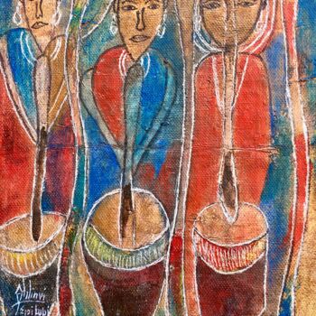 Malerei mit dem Titel "Women pounding yams" von Lupicin Magloire Kouassivi Ahlinvi, Original-Kunstwerk, Acryl