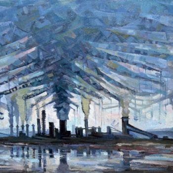 Painting titled "Smoke crane factory" by Epimitreus, Original Artwork, Oil