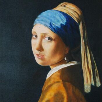 Schilderij getiteld "Girl with Pearl Ear…" door Erdal Bölükbaşı, Origineel Kunstwerk, Olie