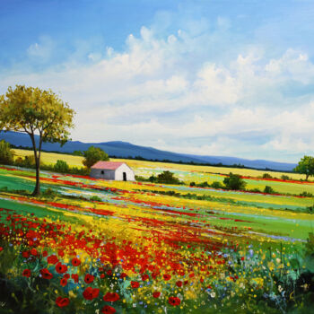 Malarstwo zatytułowany „Paysage en fleurs” autorstwa Eric Bruni, Oryginalna praca, Akryl Zamontowany na Drewniana rama noszy