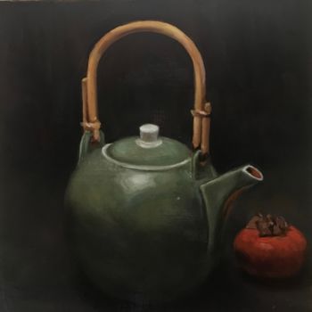 Painting titled "Théière et Kaki" by Eric Cardonnel, Original Artwork, Oil