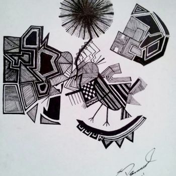 Drawing titled "Bird-Sun" by Krmdabstracts, Original Artwork, Ink