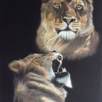 Pintura titulada "Les lionnes" por Eric Delesalle, Obra de arte original, Pastel