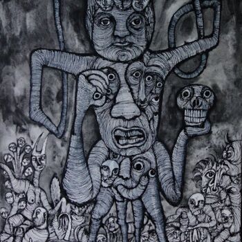 Zeichnungen mit dem Titel "le dieu de la folie" von Eric Demelis, Original-Kunstwerk, Tinte