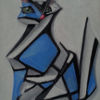 Painting titled "chat bleu et blanc" by Eric Fiorin, Original Artwork, Oil