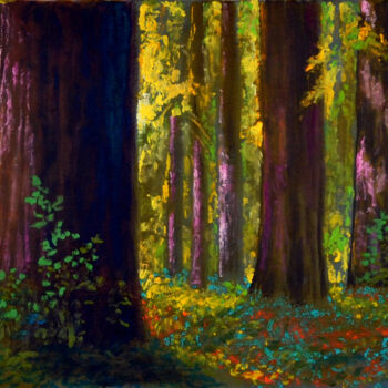 Schilderij getiteld "Redwood Glade" door Eric Matranga, Origineel Kunstwerk, Olie Gemonteerd op Frame voor houten brancard