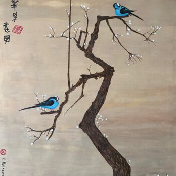 Painting titled "les oiseaux bleus" by Eric Pailhassard, Original Artwork, Acrylic Mounted on Wood Stretcher frame