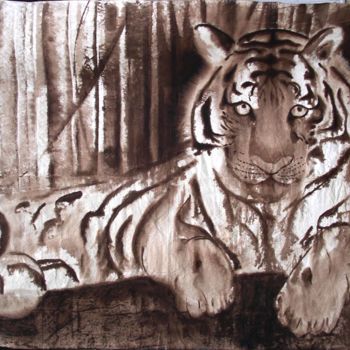 Pittura intitolato "tigre-sur-drap de l…" da Éric Plateau, Opera d'arte originale