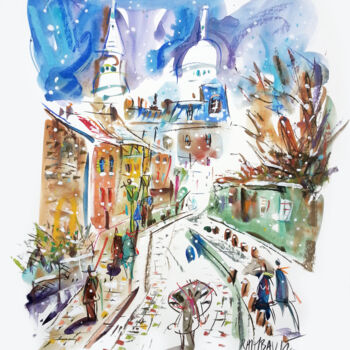 Painting titled "Neige à Montmartre" by Eric Raimbault, Original Artwork, Watercolor Mounted on Cardboard