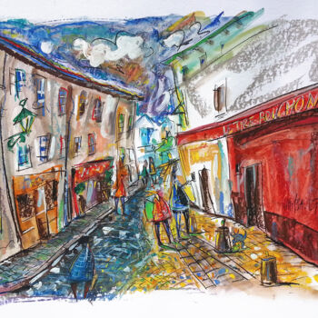 Peinture intitulée "La rue Poulbot - Mo…" par Eric Raimbault, Œuvre d'art originale, Aquarelle Monté sur Carton