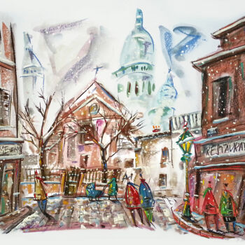 Painting titled "Place du Tertre et…" by Eric Raimbault, Original Artwork, Watercolor Mounted on Cardboard
