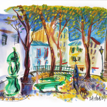Painting titled "La place Émile Goud…" by Eric Raimbault, Original Artwork, Watercolor Mounted on Cardboard