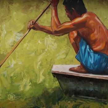 Painting titled "Pêcheur du Cambodge…" by Eric Roy, Original Artwork, Oil