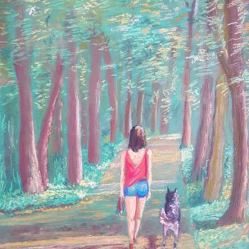 Desenho intitulada "Promenade en forêt" por Eric Audry, Obras de arte originais, Pastel