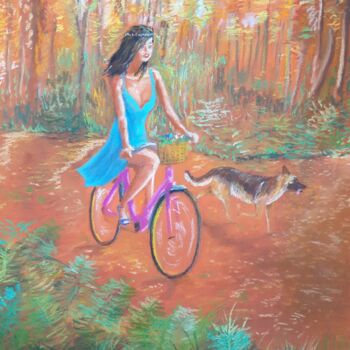 Drawing titled "Jeune fille à bicyc…" by Eric Audry, Original Artwork, Pastel