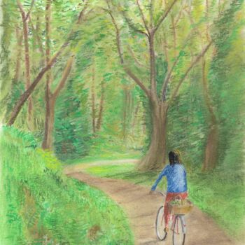 Drawing titled "A bicyclette dans l…" by Eric Audry, Original Artwork, Pastel