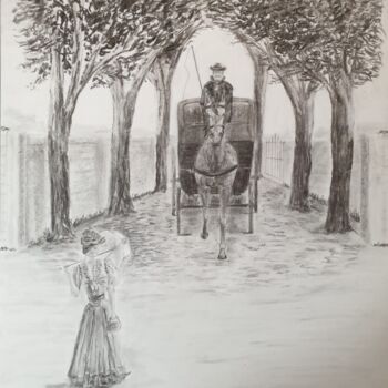 Rysunek zatytułowany „Le fiacre- Début du…” autorstwa Eric Audry, Oryginalna praca, Węgiel drzewny