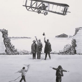 Tekening getiteld "L'aéroplane- Début…" door Eric Audry, Origineel Kunstwerk, Houtskool