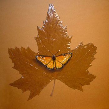 Картина под названием "papillon sur feuill…" - Eric Sabatier, Подлинное произведение искусства, Масло