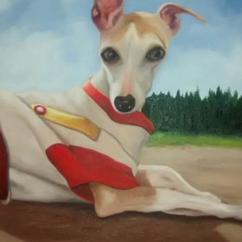 Painting titled "whippet in the gard…" by Ericson, Original Artwork, Oil