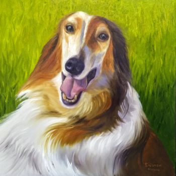 Painting titled "Borzoi on the wheat…" by Ericson, Original Artwork, Oil