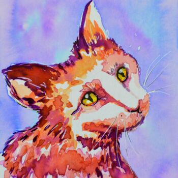 Painting titled "Chat" by Erika Sarah, Original Artwork, Watercolor