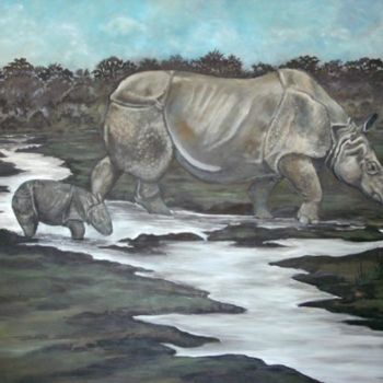 Painting titled "the rhino family" by Erika Sellier, Original Artwork