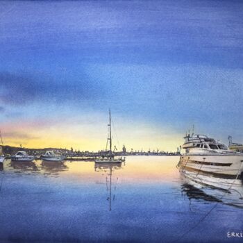 Painting titled "Sundown in harbor." by Erkin Yılmaz, Original Artwork, Watercolor