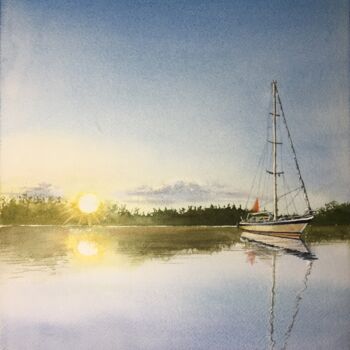 Pintura intitulada "Sailboat and Sunset." por Erkin Yılmaz, Obras de arte originais, Aquarela