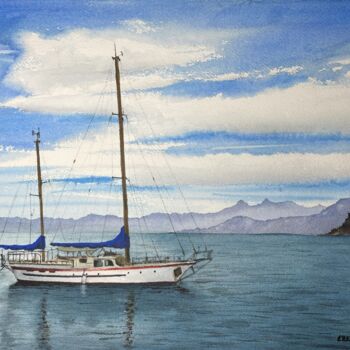 Painting titled "Sailboat-3" by Erkin Yılmaz, Original Artwork, Watercolor