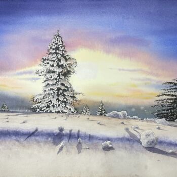 Peinture intitulée "The Winter Sunrise." par Erkin Yılmaz, Œuvre d'art originale, Aquarelle