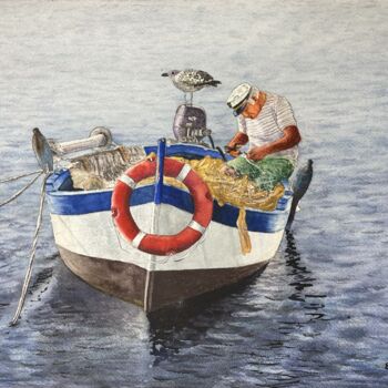 Painting titled "Fisherman on the Bo…" by Erkin Yılmaz, Original Artwork, Watercolor