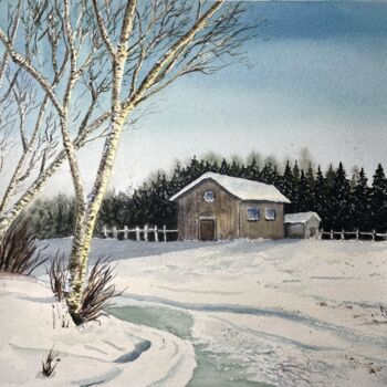 Картина под названием "Winter Scape." - Erkin Yılmaz, Подлинное произведение искусства, Акварель