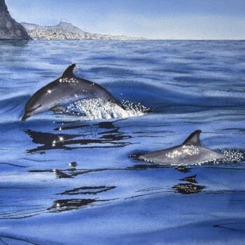 Painting titled "Dolphins" by Erkin Yılmaz, Original Artwork, Watercolor