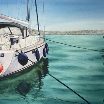 Painting titled "Sailboat in the Har…" by Erkin Yılmaz, Original Artwork, Watercolor