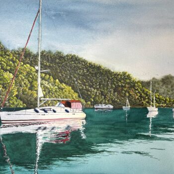 Painting titled "Sailboats in the Co…" by Erkin Yılmaz, Original Artwork, Watercolor
