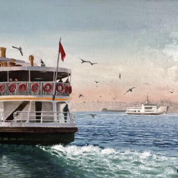 Painting titled "Morning Ferryboats…" by Erkin Yılmaz, Original Artwork, Oil