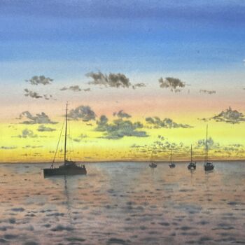 Peinture intitulée "Sailboats at Sunset." par Erkin Yılmaz, Œuvre d'art originale, Aquarelle