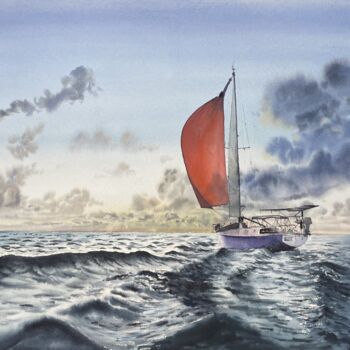 Painting titled "Sailboat-14" by Erkin Yılmaz, Original Artwork, Watercolor