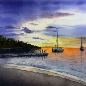 Malarstwo zatytułowany „Sunset Seascape.” autorstwa Erkin Yılmaz, Oryginalna praca, Akwarela