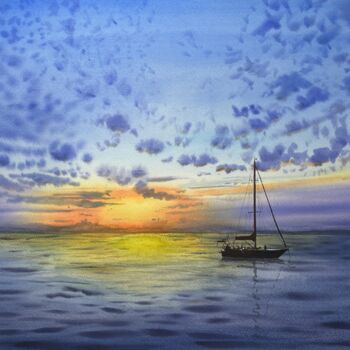 Painting titled "Sunset and Sailboat." by Erkin Yılmaz, Original Artwork, Watercolor