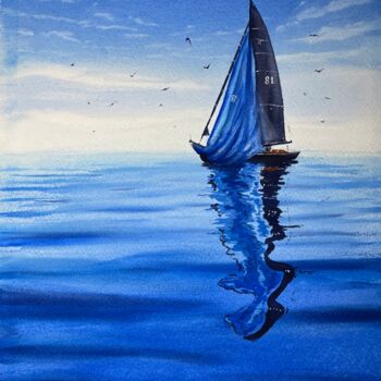 Painting titled "Tranquil Sea Sailbo…" by Erkin Yılmaz, Original Artwork, Watercolor