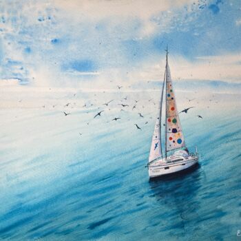 Картина под названием "Sailboat Adventure:…" - Erkin Yılmaz, Подлинное произведение искусства, Акварель