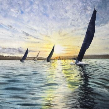 Painting titled "Sailing Race at Sun…" by Erkin Yılmaz, Original Artwork, Watercolor