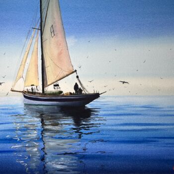 Painting titled "Sailboat on tranqui…" by Erkin Yılmaz, Original Artwork, Watercolor